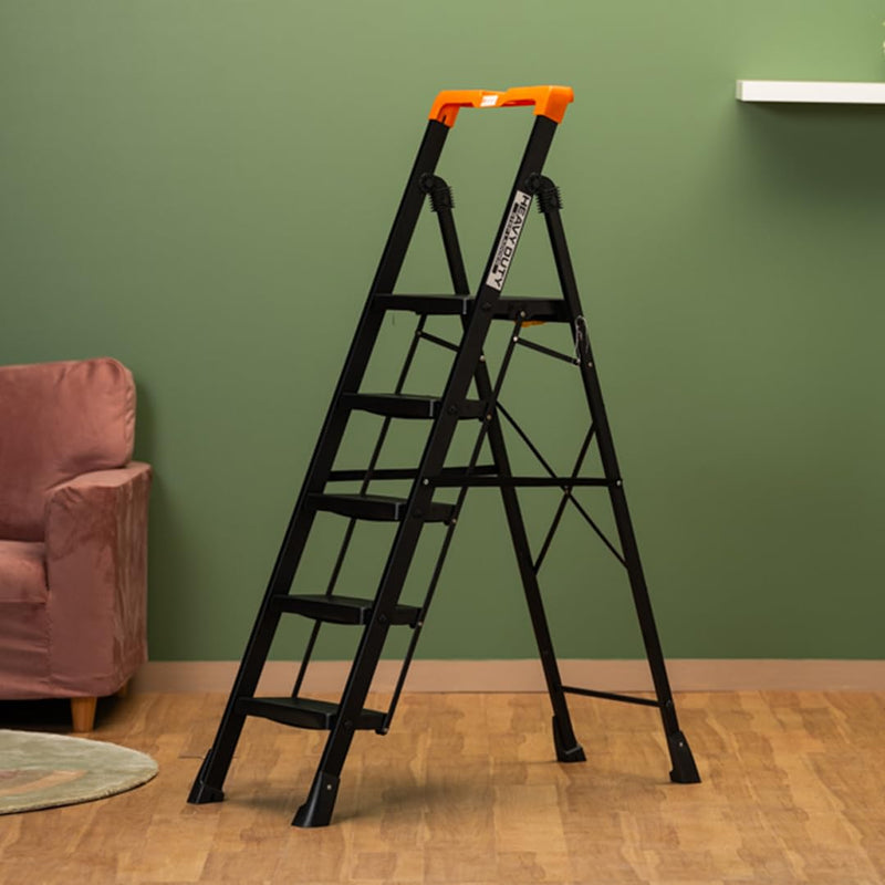 Bonkaso Alloy Steel Climb Master 7-Step Foldable Heavy Duty Ladder for Home, Indoor and Outdoor Purpose with Anti-Slip and Advanced Locking System - (Black&Orange)