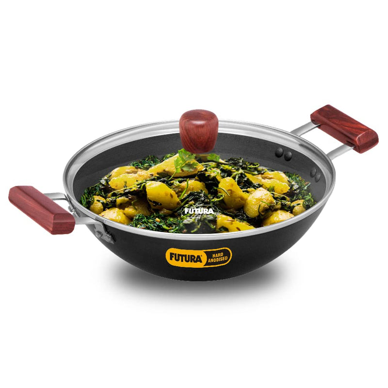 Hawkins Futura 2 Litre Deep Fry Pan, Hard Anodised Kadai with Glass Lid, Flat Bottom Kadhai, Black (AD20G)