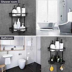 Plantex Stainless Steel Corner Shelf for Bathroom Wall/Bathroom Corner Rack with Hooks/Bathroom Organiser with Drill (2-Tier, Black)-5