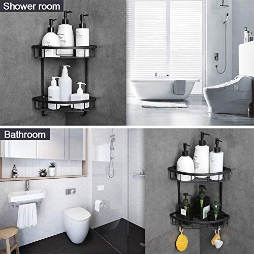Plantex Stainless Steel Corner Shelf for Bathroom Wall/Bathroom Corner Rack with Hooks/Bathroom Organiser with Drill (2-Tier, Black)-5