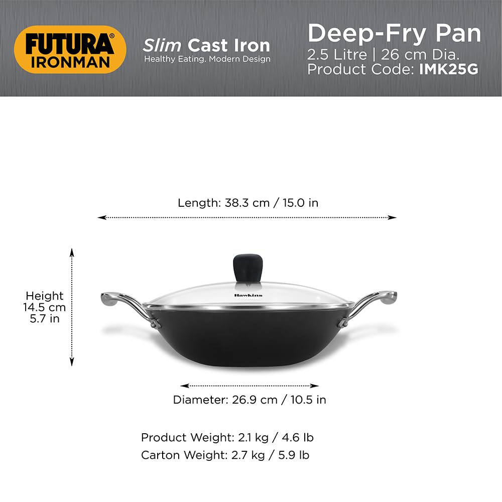 Hawkins Futura Ironman Slim Cast Iron 2.5 Litre Kadhai with Glass Lid | Lightweight, Durable & Even-Heating Deep-Fry Pan | Kadai Ideal for curries, Frying, Gravies, Snacks | Black (IMK25G)