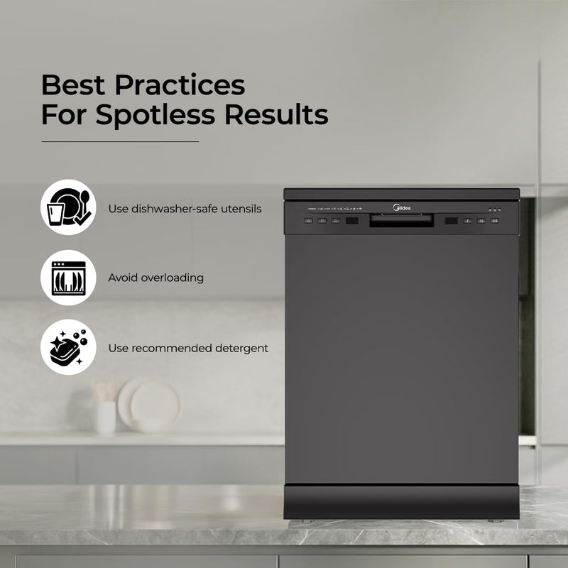 Midea 13 Place Setting Freestanding Dishwasher, 7 Wash Programs, Intensive 70°C, Glass Care Mode (MDWPF1301F(B) IN, ECO & Rapid Wash, Fully Automatic, Suitable for Indian Kitchen)