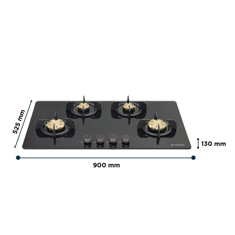 Faber 4 Burner 90Cm HOB |Auto Ignition| HOB PRIME HT904 CRS BR CI AI |Metal Knobs| Cast Iron Pan Support|HOB/Cooktop Hyb