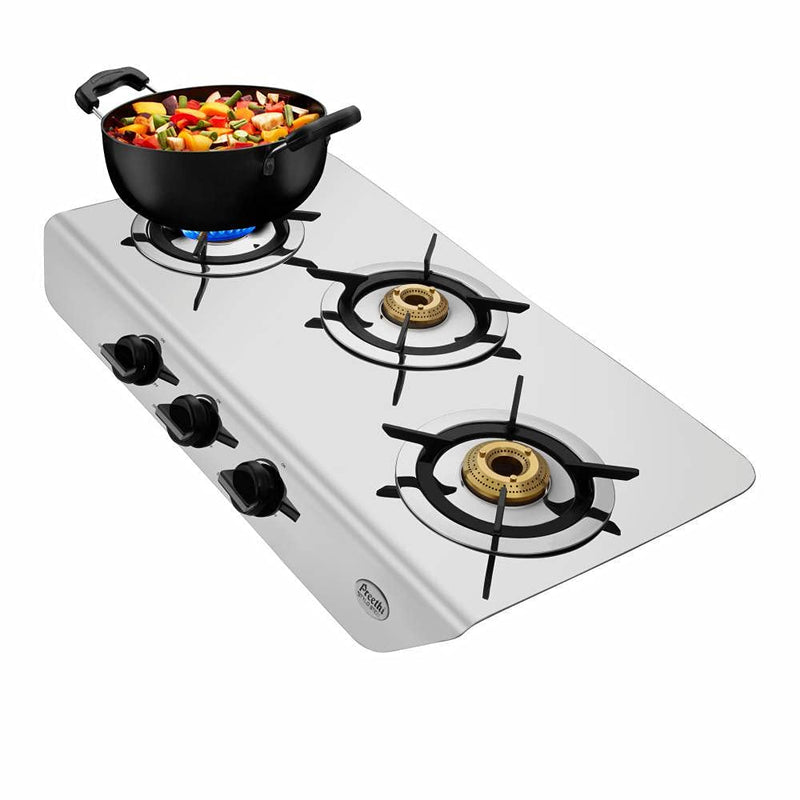 Preethi Stylo Steel 3 Burner Gas Stove |Curved & Sleek design| Heavy Brass Burner| Ant Guard Jet | Removable Drip Tray