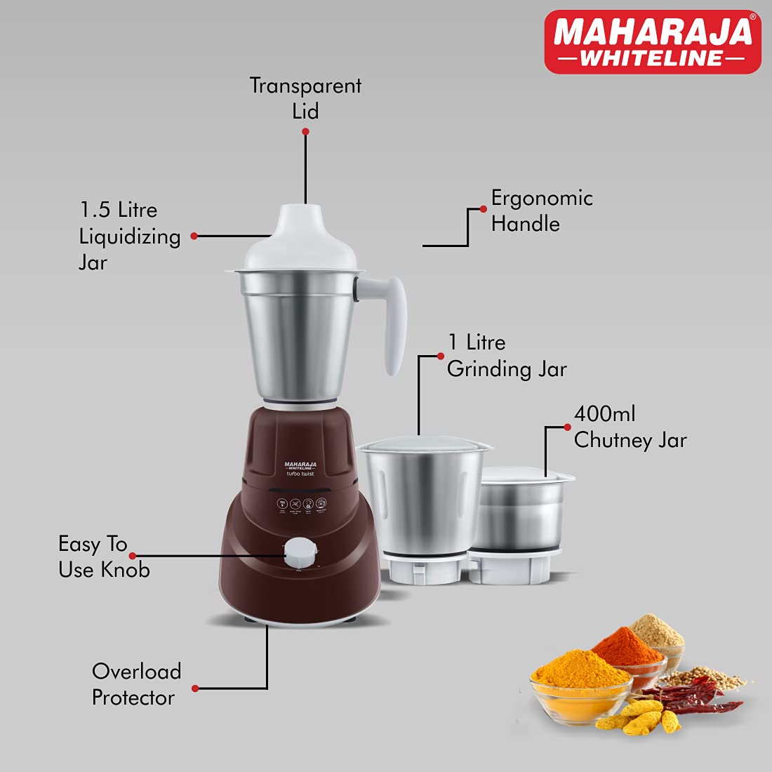 MAHARAJA WHITELINE TURBO TWIST MIXER GRINDER 750 Watt 3 Jar (Brown)