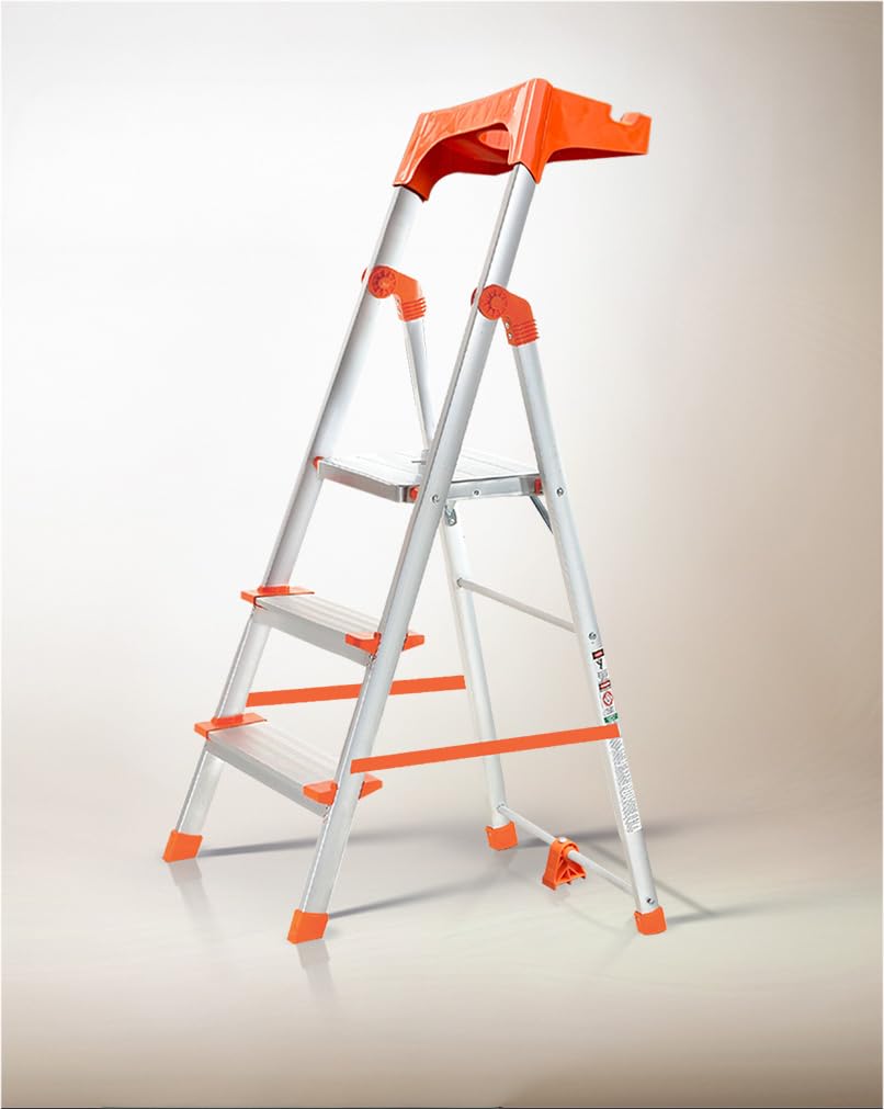HOUZA Aluminium Ladder for Home 7 Steps Foldable with Railing & Anti-Skid Wide Steps | Multi-Purpose Heavy Duty Ladder, Kitchen & Household | 250 Kg Load Capacity | 5 Year Warranty (Orange)