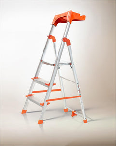 HOUZA Aluminium Ladder for Home 8 Steps Foldable with Railing & Anti-Skid Wide Steps | Multi-Purpose Heavy Duty Ladder, Kitchen & Household | 250 Kg Load Capacity | 5 Year Warranty (Orange)