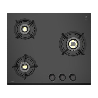 KAFF | ASHFORD Built-in Hob | 3 Burners Auto Electric Ignition 60 CM, Full Brass Burners with Flame Failure Device | 8 MM Thick Toughened Glass Black | ASF 603