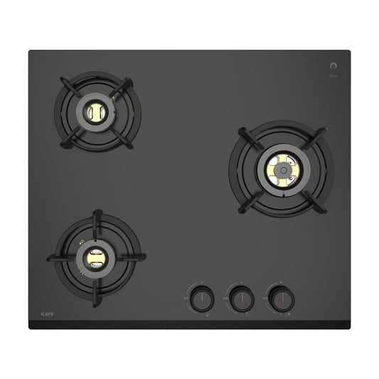 KAFF | ASHFORD Built-in Hob | 3 Burners Auto Electric Ignition 60 CM, Full Brass Burners with Flame Failure Device | 8 MM Thick Toughened Glass Black | ASF 603