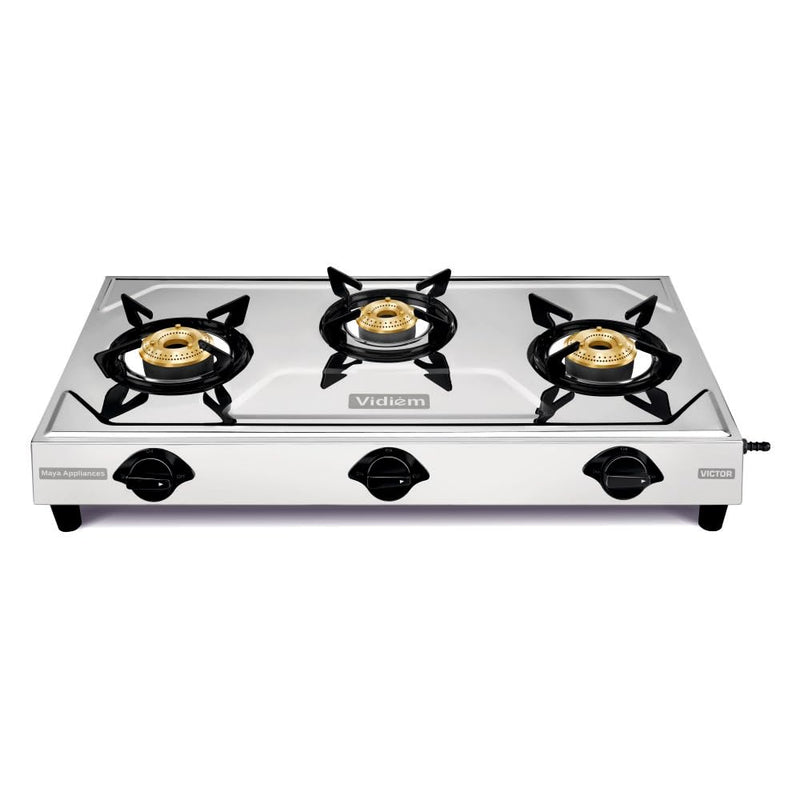 Vidiem Victor Stainless Steel Gas Stove 4 burner| Brass Burners | Mirror Finish | Large Cooking Space | Anti-Rust | High