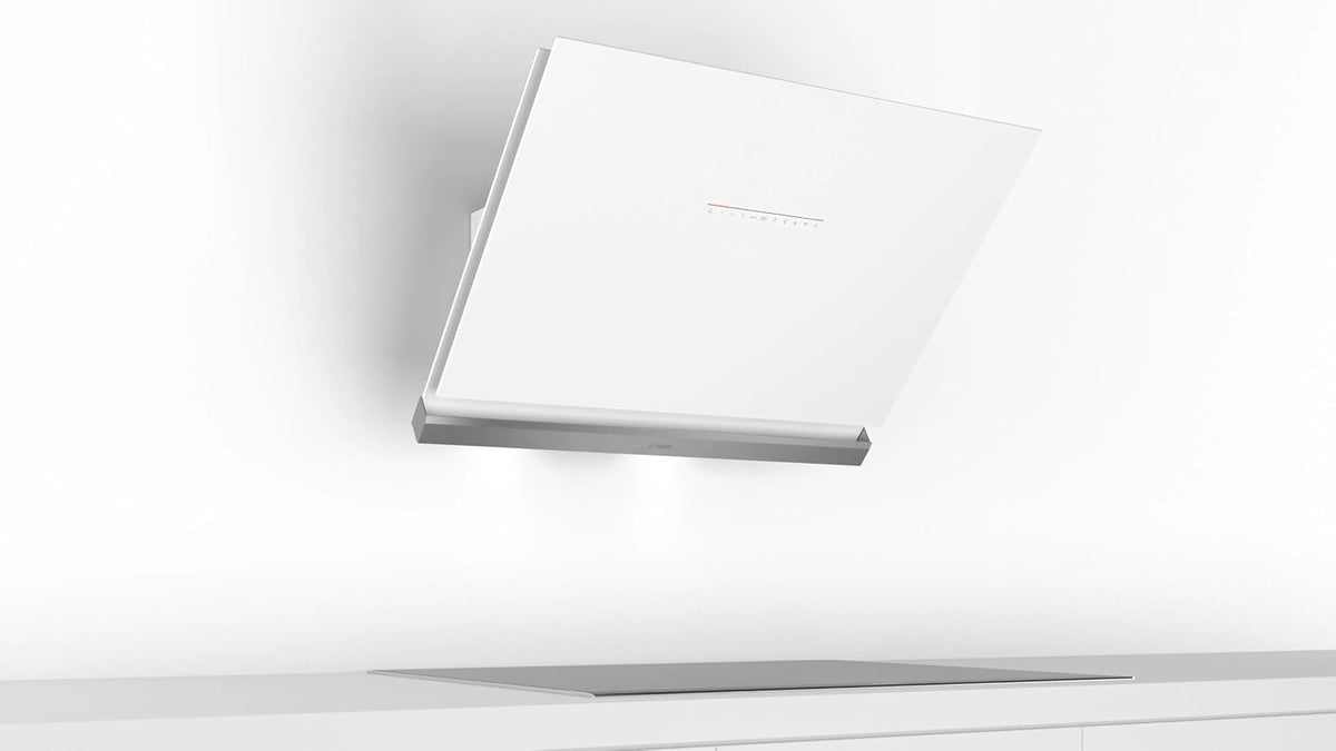 Bosch DWK98PR20ISeries 8 wall-mounted cooker hood 90 cm clear glass white printed