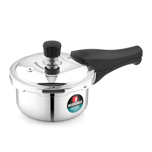 Bergner Tri-Max Junior TriPly 1 Litre Pressure Cooker, Triply Heavy Bottom Outer Lid Mini Pressure Cooker, 1 Pc Free Safety Valve, Measuring Scale Inside - Induction Bottom and Gas Stove Ready