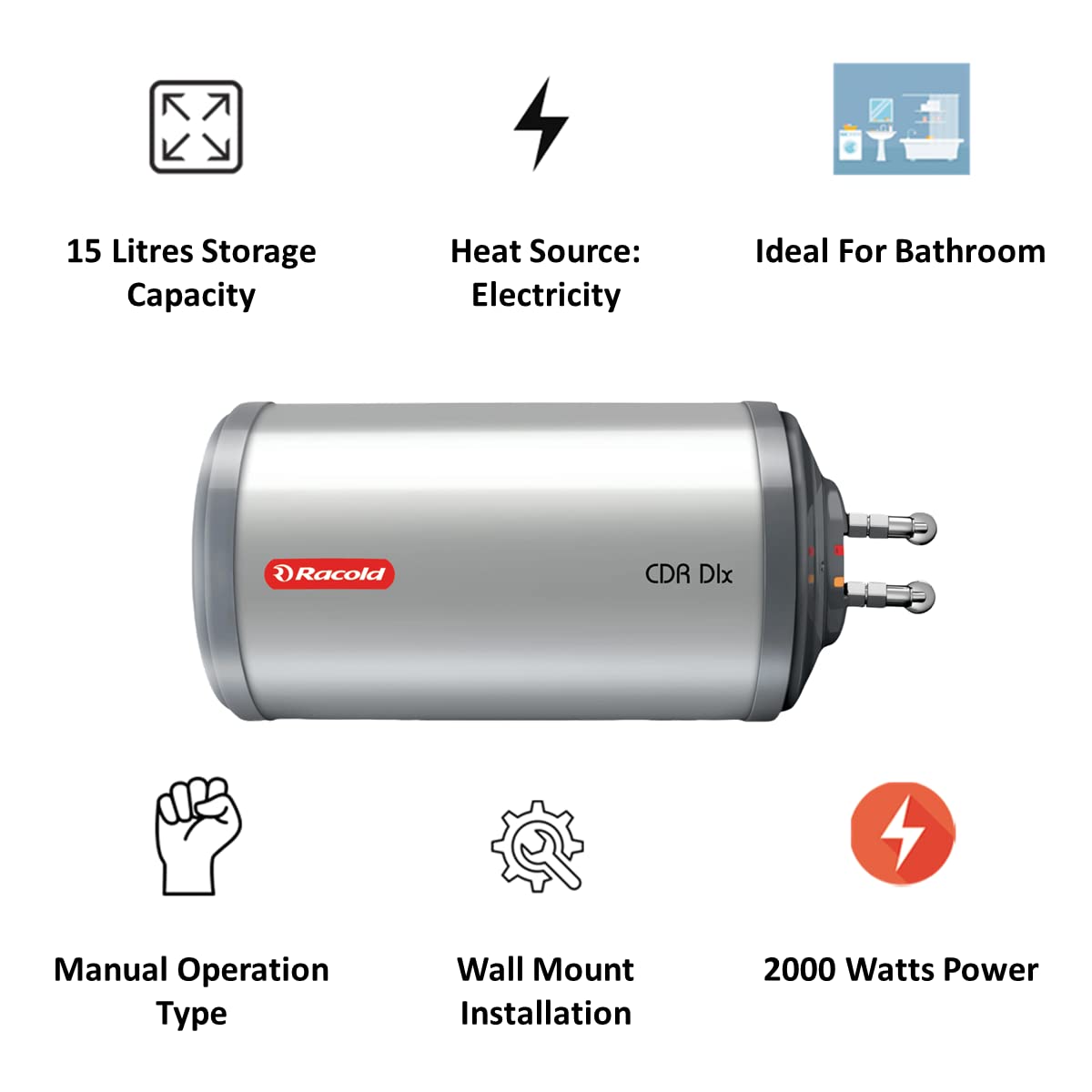 Racold Cdr 15 H_W 15-Litre Horizontal Water Heater (White)