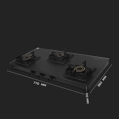 Faber 3 Burner 77Cm Cooktop |Auto Ignition| |Metal Knobs| MS Diamond Coated Pan Support | Matt Black Glass Finish |5 Yrs