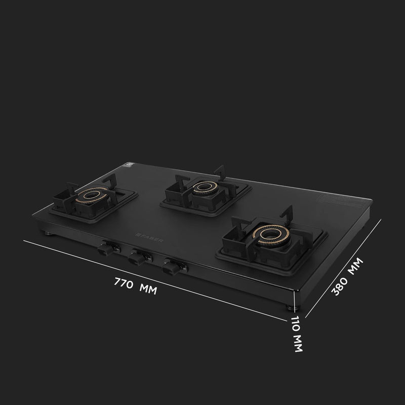 Faber Blossom Black Matt Glass Finish Cooktop|3 Brass Burners-Jumbo, Medium & Small |Manual Ignition|Heavy Pan Support W