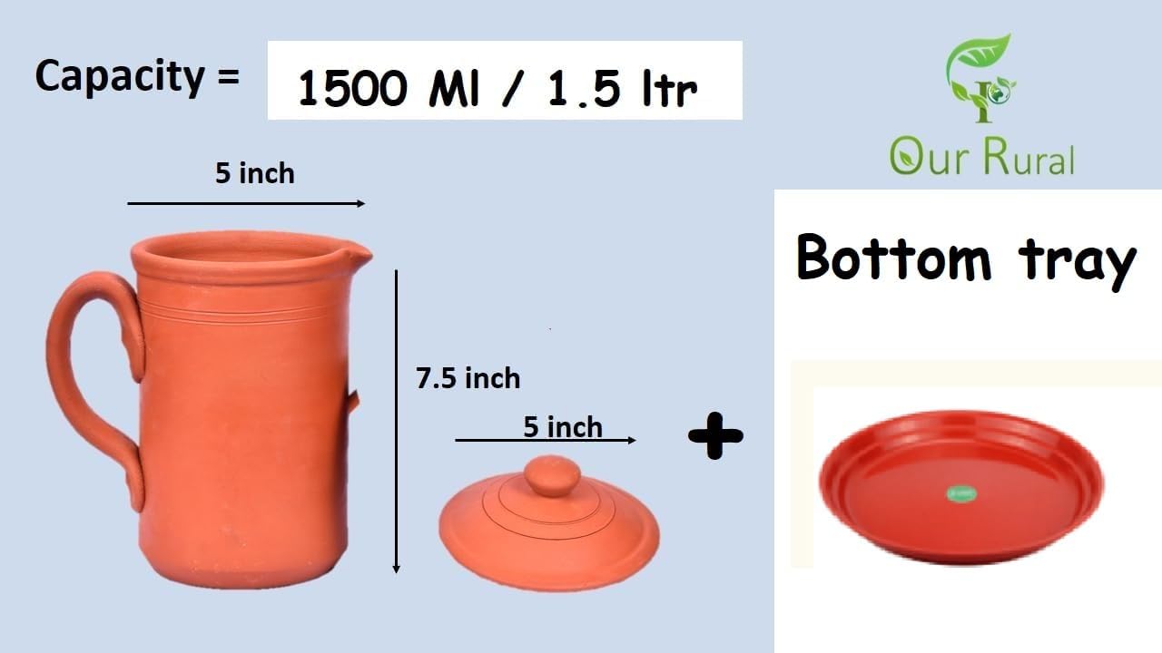 Our Earthen Water Pot with Glass & Bottom Tray Water jug mud Pot 1500 Clay jug 1500 ML