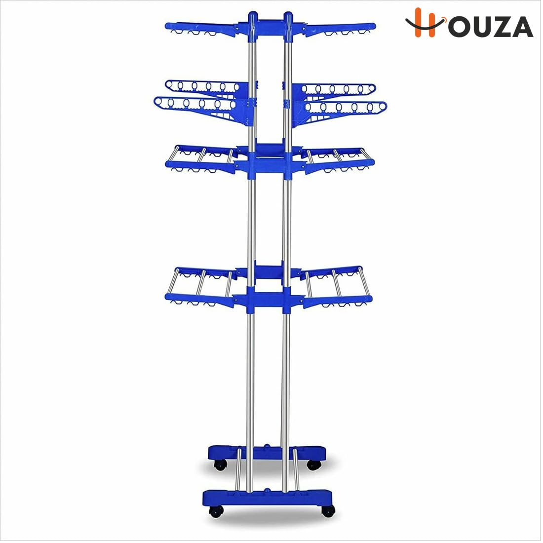 HOUZA Premium Stainless Steel Clothes Drying Stand with Wheels | 3 Layer Foldable Cloth Dryer Stand/Rack for Household, Balcony, Indoor & Outdoor | Portable & Rustproof- Blue