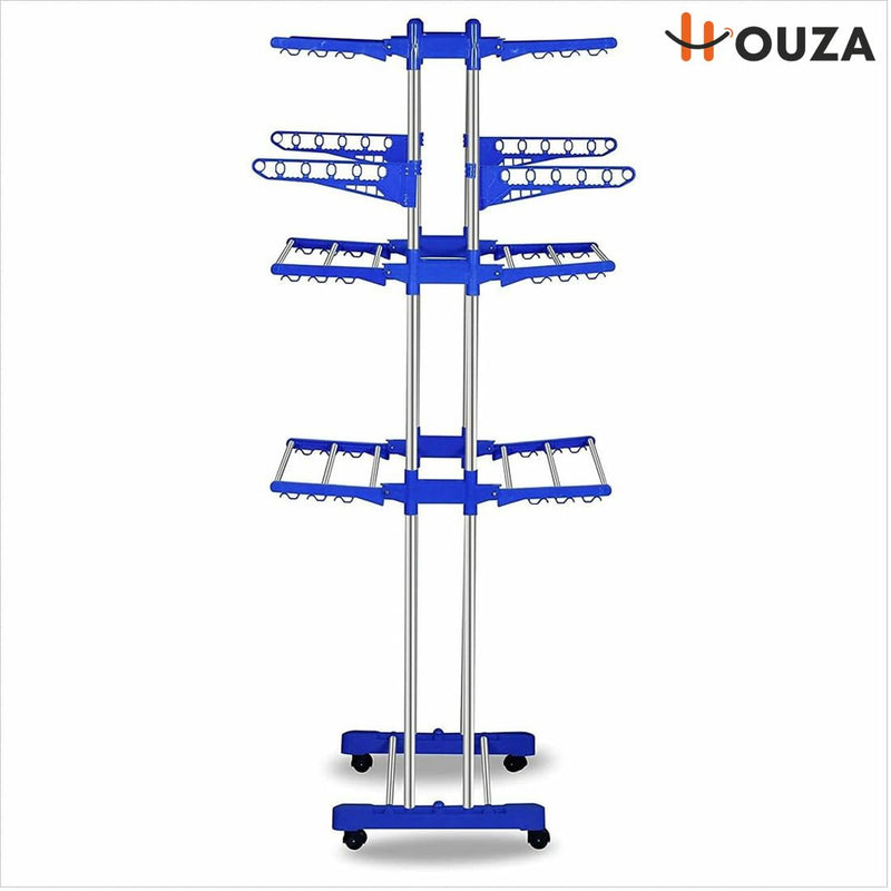 HOUZA Premium Stainless Steel Clothes Drying Stand with Wheels | 3 Layer Foldable Cloth Dryer Stand/Rack for Household, Balcony, Indoor & Outdoor | Portable & Rustproof- Blue