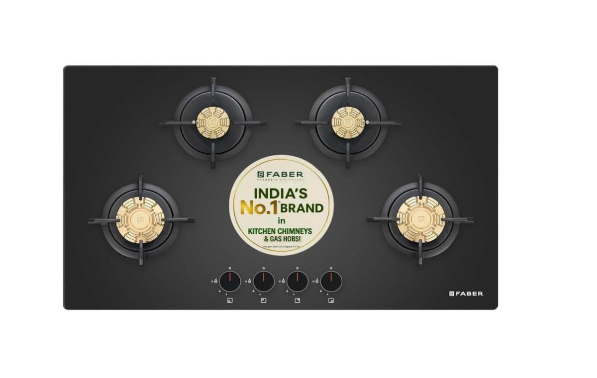 Faber 4 Burner 90cm Hob/Cooktop Hybrid | Auto-Ignition| Metal Knobs|Cast Iron Pan Support|Black Glass Finish |5 Yrs Warr