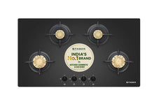 Faber 4 Burner 90cm Hob/Cooktop Hybrid | Auto-Ignition| Metal Knobs|Cast Iron Pan Support|Black Glass Finish |5 Yrs Warr