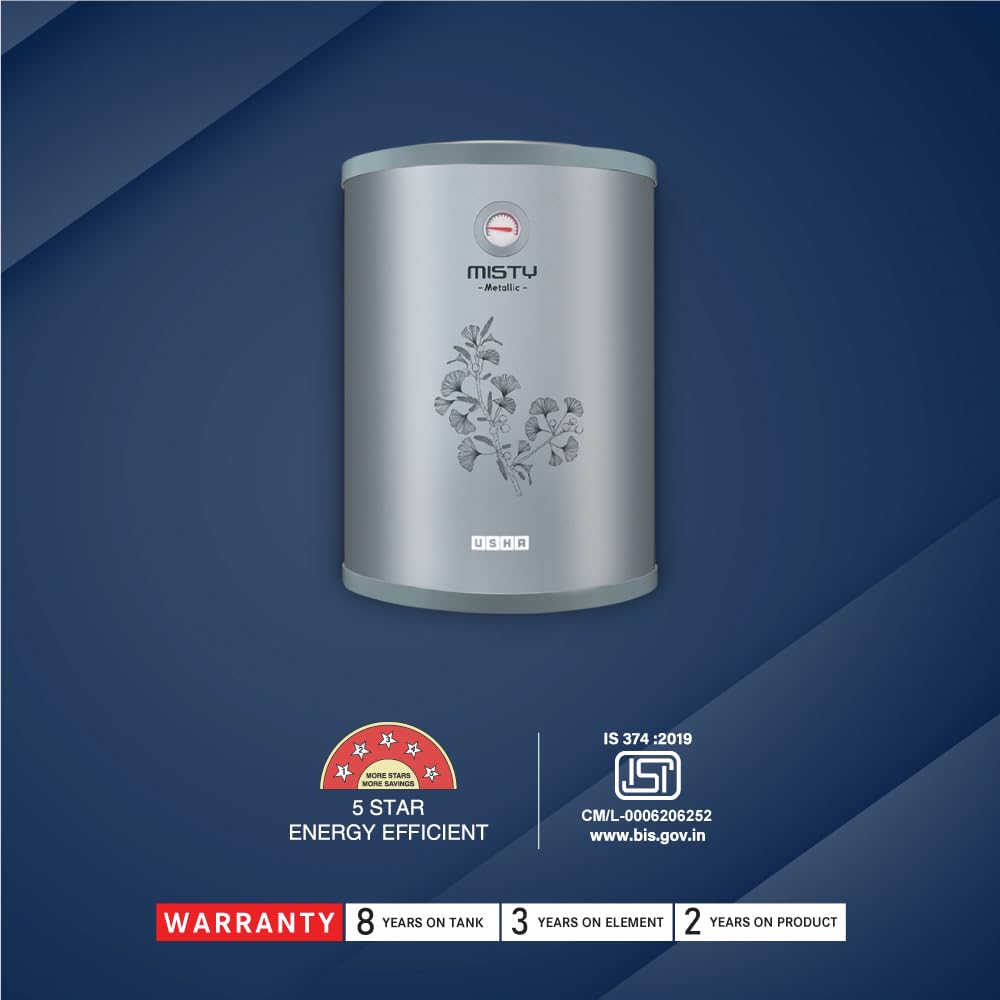 Usha Misty 6 Ltr 2000-Watt 5 Star Storage Water Heater (Grey Magnolia) With Pipes & Free Installation