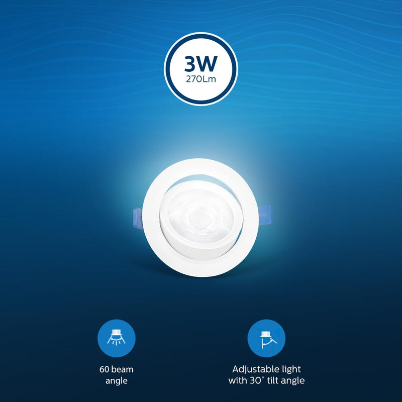 Philips Polycarbonate 3 Watt White Led Ceiling Cob Round Spot Light With Adjustable Tilt (Pack of 2)
