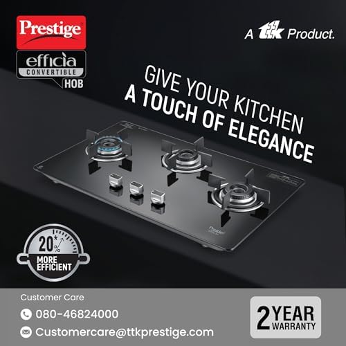 Prestige Efficia Convertible 3 Burner Glasstop Hob|One-Touch Advance Auto-Ignition|Cast-Iron Pan Support|Toughened Glass|SABAF Burners|Ultra-Slim Body|5 Years Warranty on Glass|Black