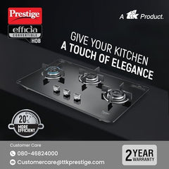 Prestige Efficia Convertible 3 Burner Glasstop Hob|One-Touch Advance Auto-Ignition|Cast-Iron Pan Support|Toughened Glass|SABAF Burners|Ultra-Slim Body|5 Years Warranty on Glass|Black