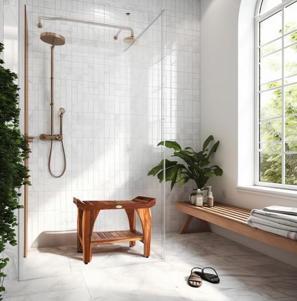 Teak Wood Shower Bench - Waterproof, Durable, Compact Spa Stool for Indoor & Outdoor Use - Non-Slip Rubber Feet