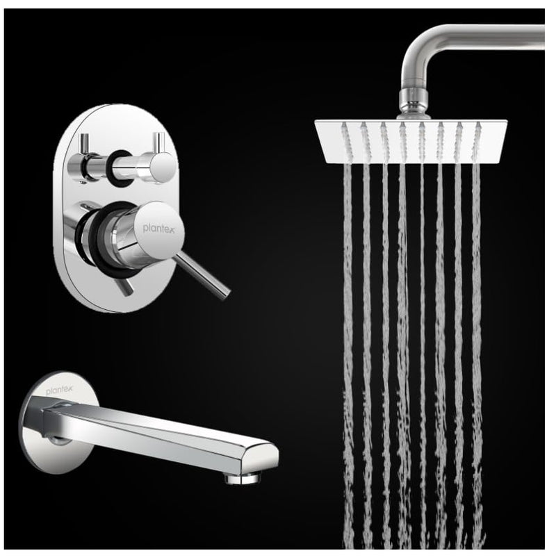 Plantex Brass Concealed Body High Flow Diverter Full Set with 6 x 6 inch Overhead Shower and Bath Tub Spout/Bathroom Shower Set - Combo (Chrome)-1