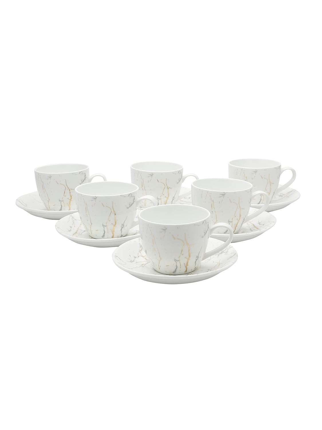 Clay Craft Marble Finish Cup & Saucer Set of 12 (6 Cups + 6 Saucers) - 180 ml Each (White)