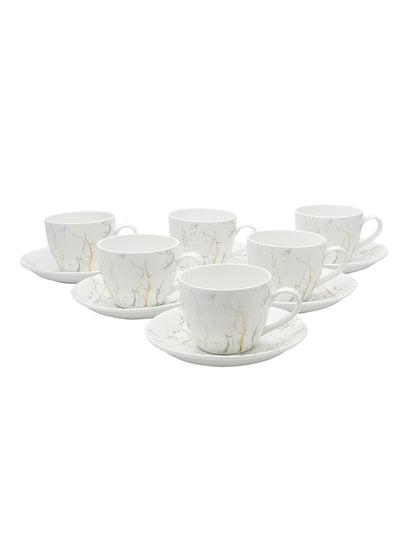 Clay Craft Marble Finish Cup & Saucer Set of 12 (6 Cups + 6 Saucers) - 180 ml Each (White)