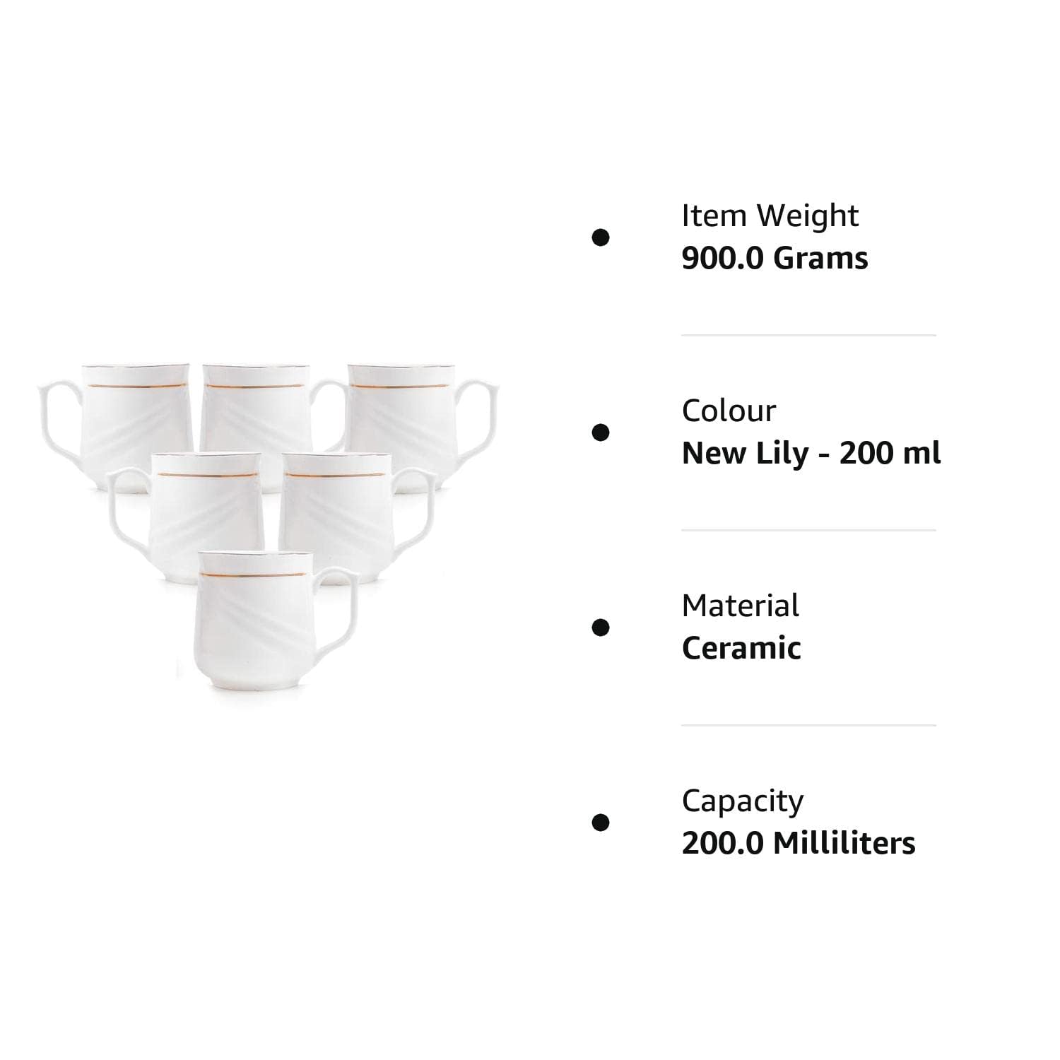 Clay Craft Ceramic 22K Gold Line Series Tea/Coffee Cup Set Special for Drink Tea, Coffee, White with Gold Line, Set of - 6 Pieces (New Lily - 200 ml), Ideal for Gifting, Perfect for Home and Office