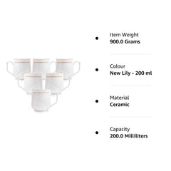 Clay Craft Ceramic 22K Gold Line Series Tea/Coffee Cup Set Special for Drink Tea, Coffee, White with Gold Line, Set of - 6 Pieces (New Lily - 200 ml), Ideal for Gifting, Perfect for Home and Office