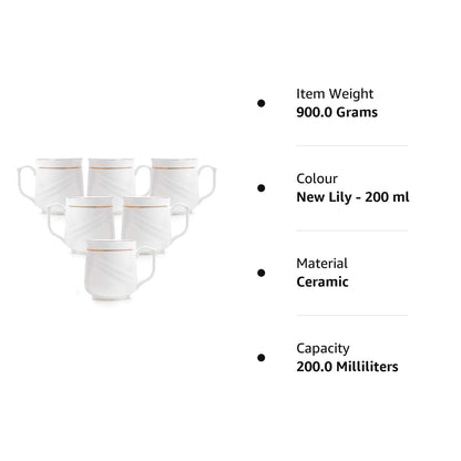 Clay Craft Ceramic 22K Gold Line Series Tea/Coffee Cup Set Special for Drink Tea, Coffee, White with Gold Line, Set of - 6 Pieces (New Lily - 200 ml), Ideal for Gifting, Perfect for Home and Office