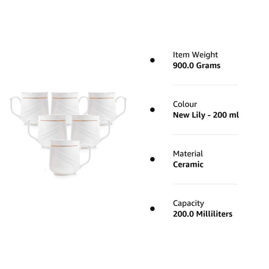 Clay Craft Ceramic 22K Gold Line Series Tea/Coffee Cup Set Special for Drink Tea, Coffee, White with Gold Line, Set of - 6 Pieces (New Lily - 200 ml), Ideal for Gifting, Perfect for Home and Office