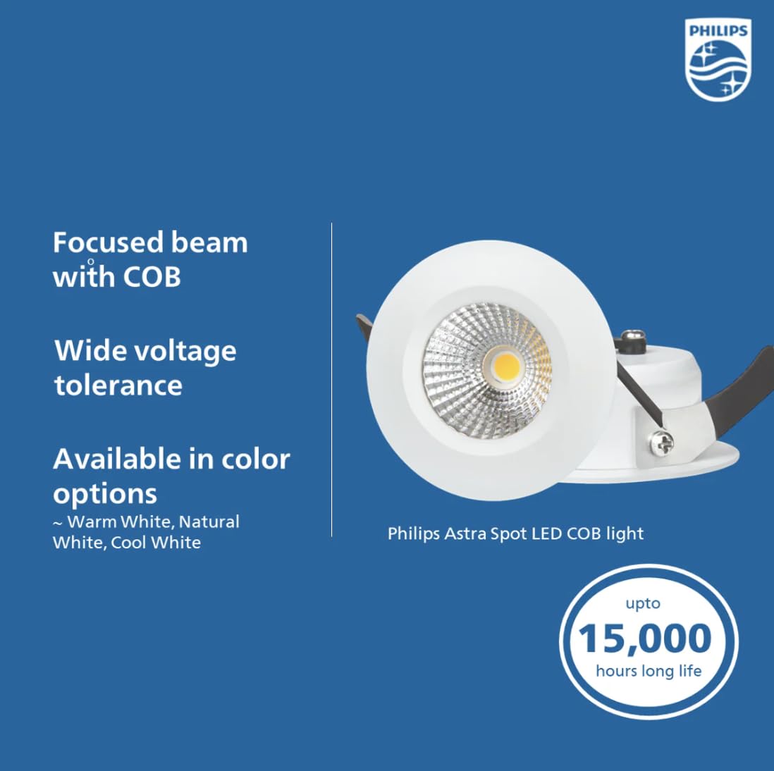 Philips 3Watts AstraSpot LED COB Light 3000k Warm White 52mm Cut Out (D:60 x Cut:52 H:30 mm)