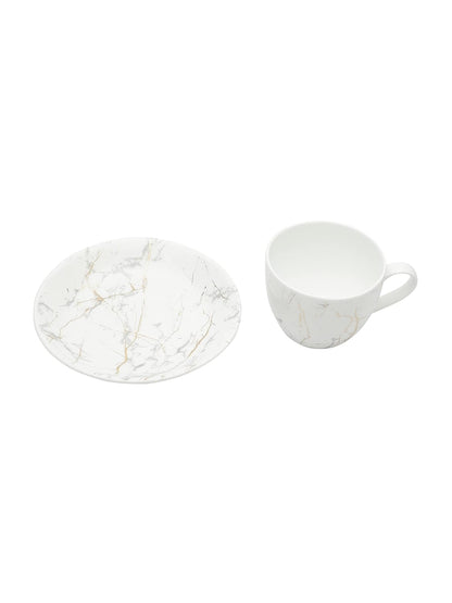 Clay Craft Marble Finish Cup & Saucer Set of 12 (6 Cups + 6 Saucers) - 180 ml Each (White)