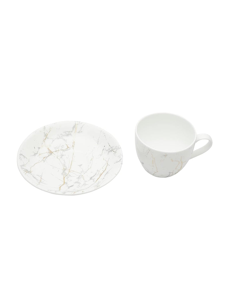 Clay Craft Marble Finish Cup & Saucer Set of 12 (6 Cups + 6 Saucers) - 180 ml Each (White)