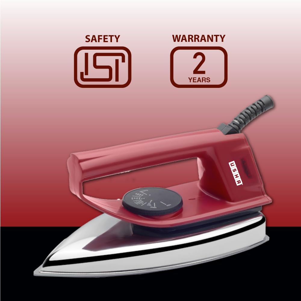 USHA EI 4175-M 750W ULTRA LIGHT WEIGHT ELECTRIC IRON WITH NON STICK PTFE COATED (BLACK WEILBURGER) SOLE PLATE, MAROON
