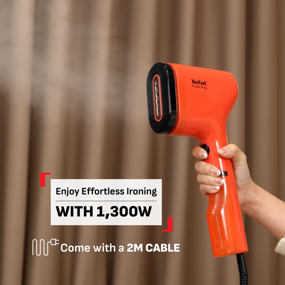 Tefal Pure Pop Handheld Garment Steamer | 1300W | Compact, Convenient Vertical Steaming | Reversible Pad | 2m Cable | 20g/min Steam | 15-sec Heat-Up | Red | No.1 Ironing Brand in Europe