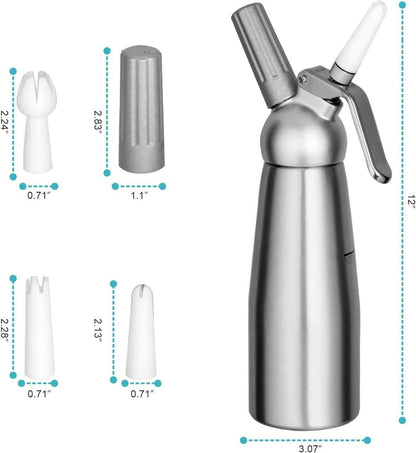 THW® Aluminium Cream Whipper | Professional Whipped Cream Dispenser Canister - 500 mL | Ideal for Home, Café, Hotel & Restaurant Use | Includes 3 Nozzles, Charger Holder & Whipper Valve Brush