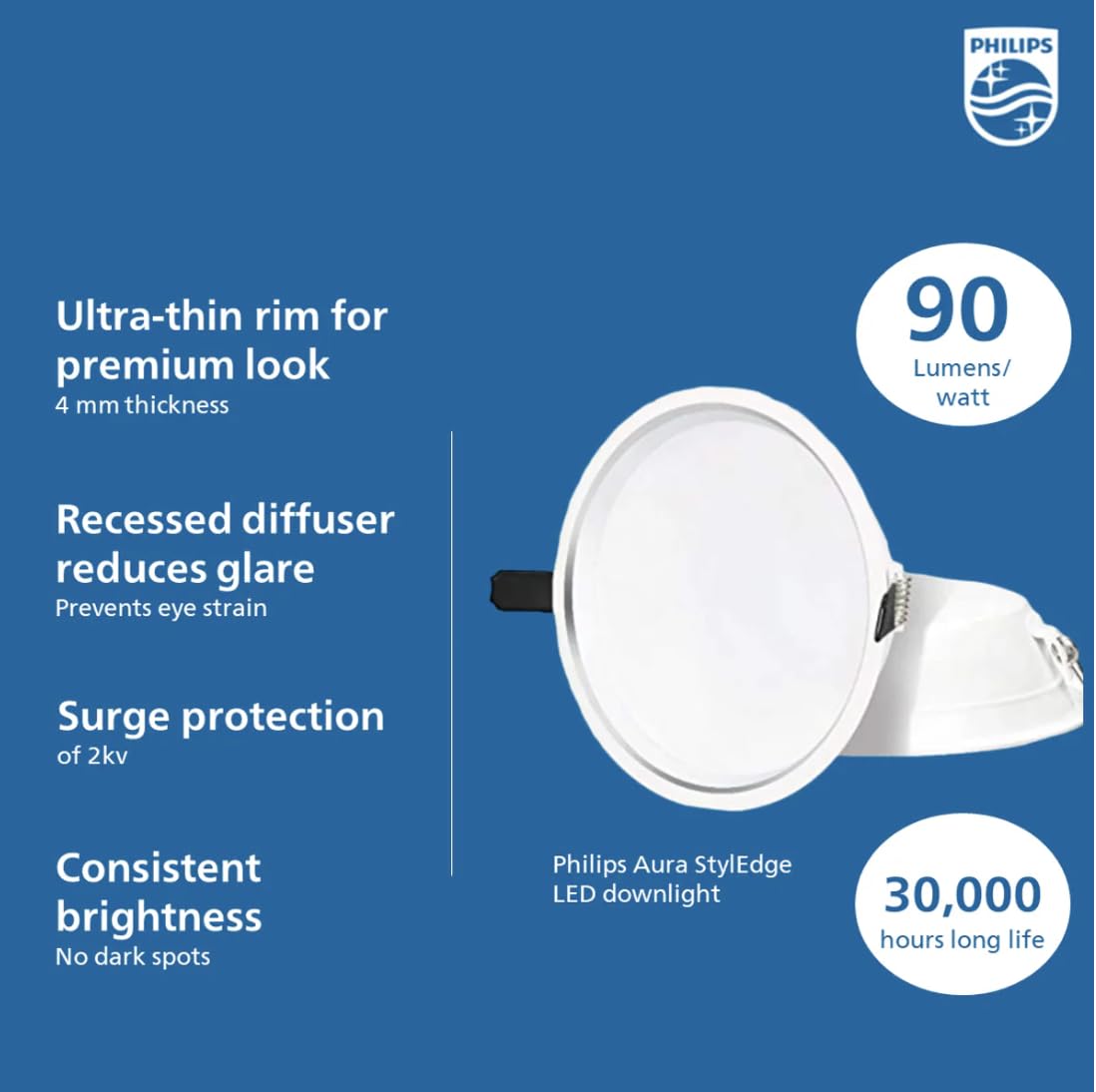 Philips Aura Styledge LED Downlight (Cool Day Light, 7W)
