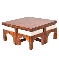 Solid Sheesham Coffee Table 4 Seater with Four Stool for Living Room Center Coffee Table for Bedroom,Cafe, Home