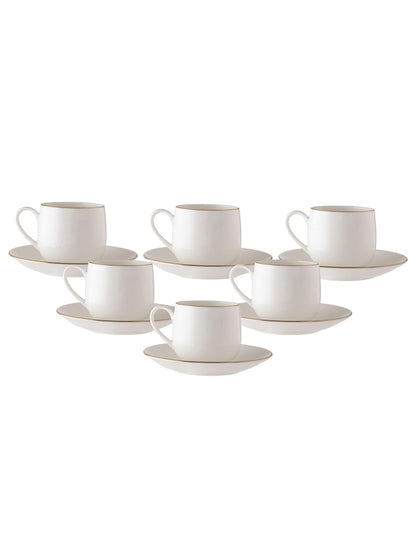 Clay Craft Fine Ceramic Twig Gold Printed Cup & Saucer Set of 12 (6 Cups + 6 Saucers) - 180 ml Each