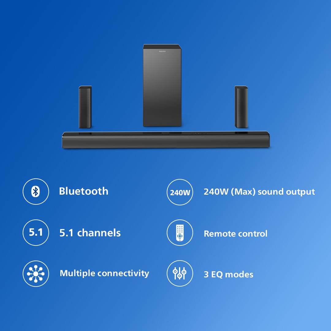 Philips TAB4518 Soundbar: 5.1 Channel 240W Wireless Subwoofer & 2 Rear Satellite Speakers, HDMI ARC
