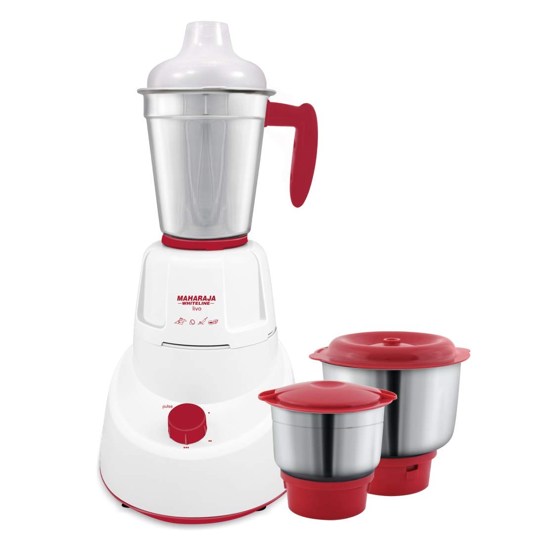 Maharaja Whiteline 500W Livo Pro Mixer Grinder with 3 Stainless Steel Jars with lid and 20,000 RPM Motor Speed (White & Cherry Red)