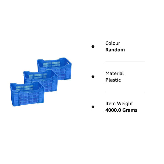 PETALS Plastic Rectangular Crate Set Of 3 | Portable Heavy Duty Vegetable/Fruits & Multipurpose Container Storage | Open Self Basket for Large storage Bin | 3 Pcs, Combo, 20 Kg Capacity Each, Blue