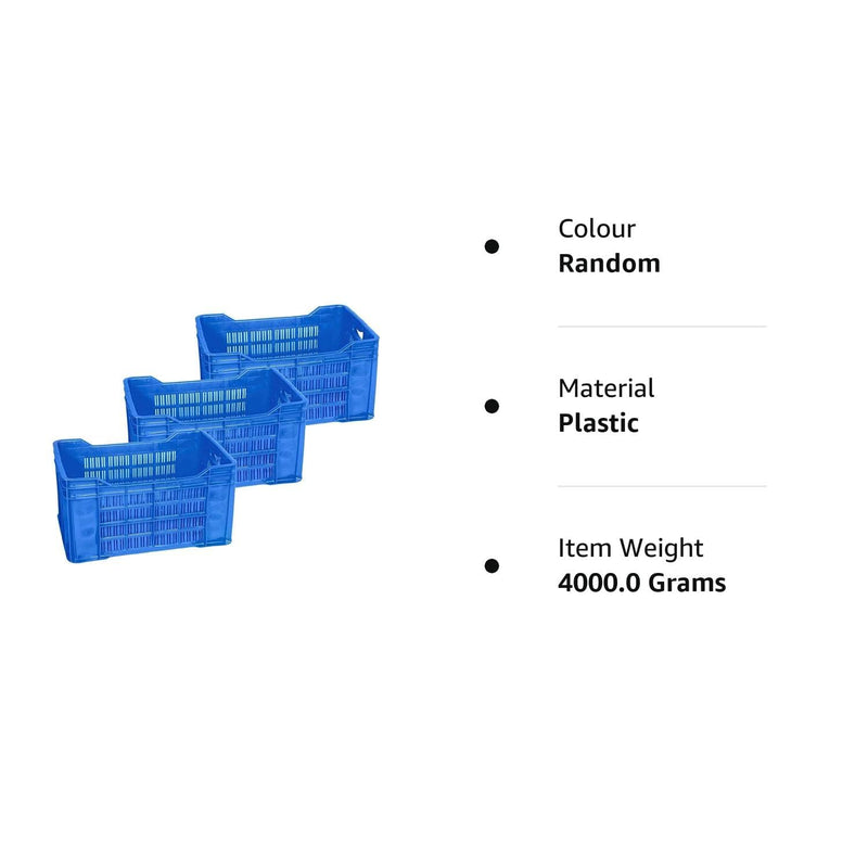 PETALS Plastic Rectangular Crate Set Of 3 | Portable Heavy Duty Vegetable/Fruits & Multipurpose Container Storage | Open Self Basket for Large storage Bin | 3 Pcs, Combo, 20 Kg Capacity Each, Blue
