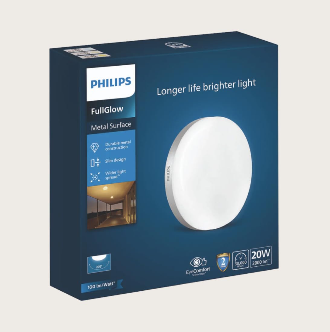 Philips 20W Round LED Surface Light - Full Glow Panel, Metal Body, Warm White (3000K), Ceiling Light for Home